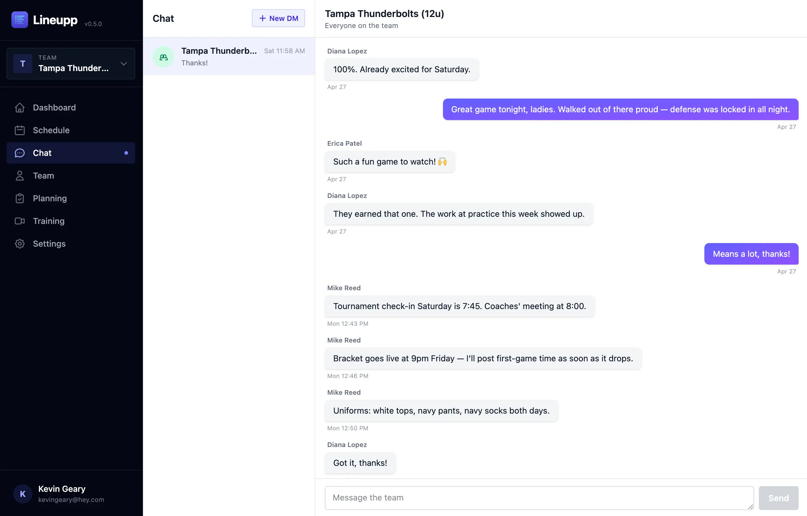 Lineupp team chat with coaches, parents, and assistants discussing logistics, lineups, and game-day plans in a single roster-scoped thread