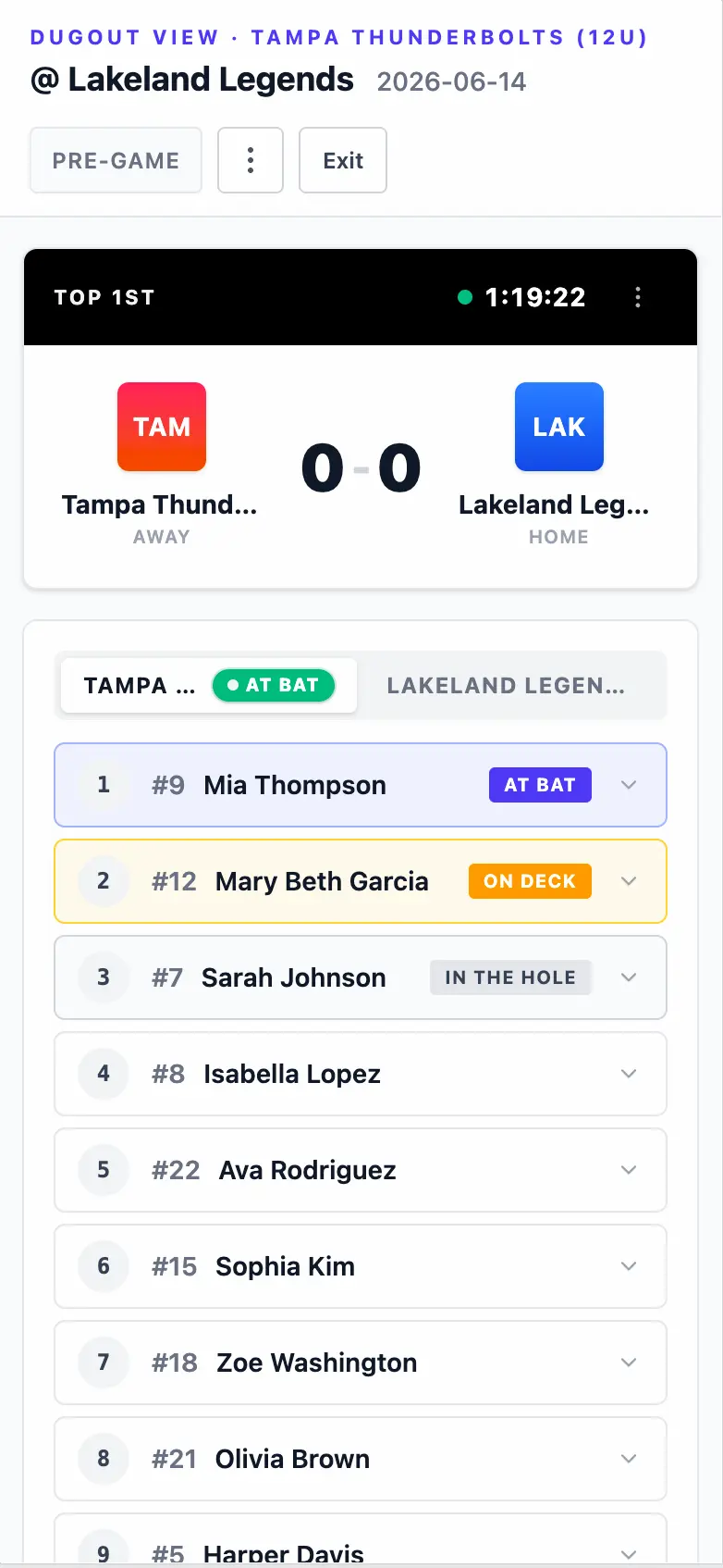 Lineupp public live scoreboard on a phone with the score, count, bases, and game flow on the watch link