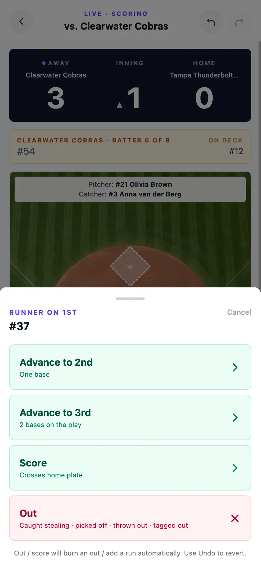 Lineupp softball scorekeep view on a phone resolving a baserunner with advance, score, and out actions for the runner on first